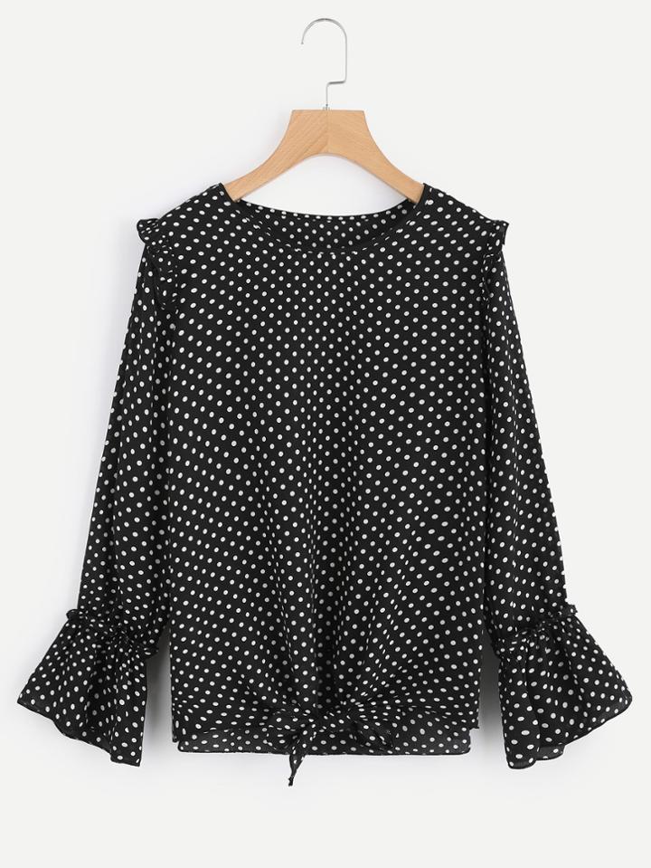Romwe Frill Trim Knot Front Polka Dot Top