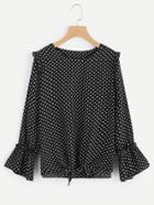 Romwe Frill Trim Knot Front Polka Dot Top