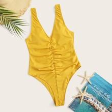 Romwe Ruched Low Back One Piece Swimwear