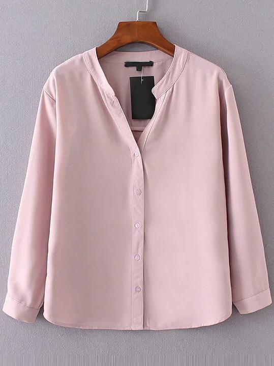 Romwe Pink V Neck Button Up Blouse