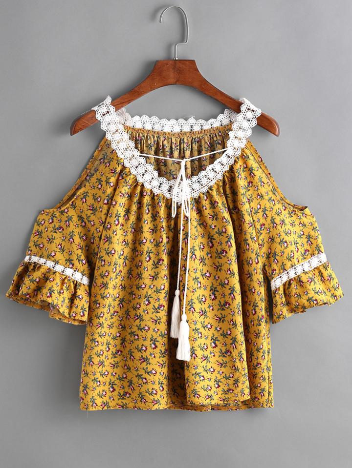 Romwe Yellow Cold Shoulder Crochet Trim Tie Front Top