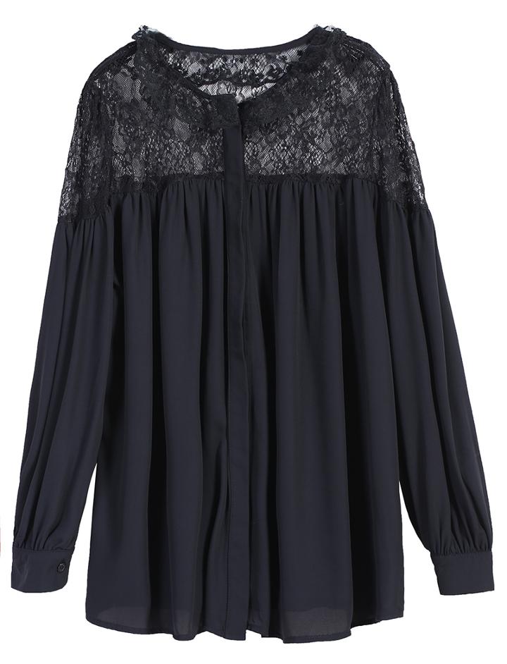 Romwe Contrast Lace Chiffon Black Blouse