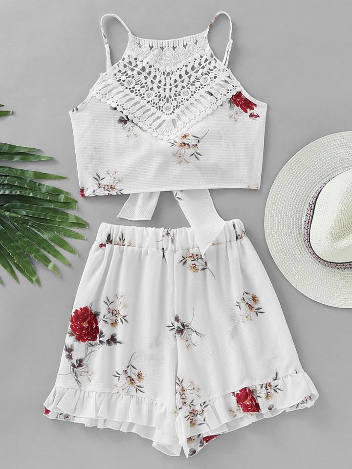 Romwe Random Knot Open Back Lace Panel Crop Top With Frill Shorts