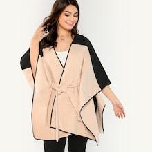 Romwe Plus Cut And Sew Self Belted Cape Coat