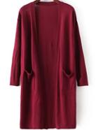 Romwe With Pockets Knit Wine Red Cardigan