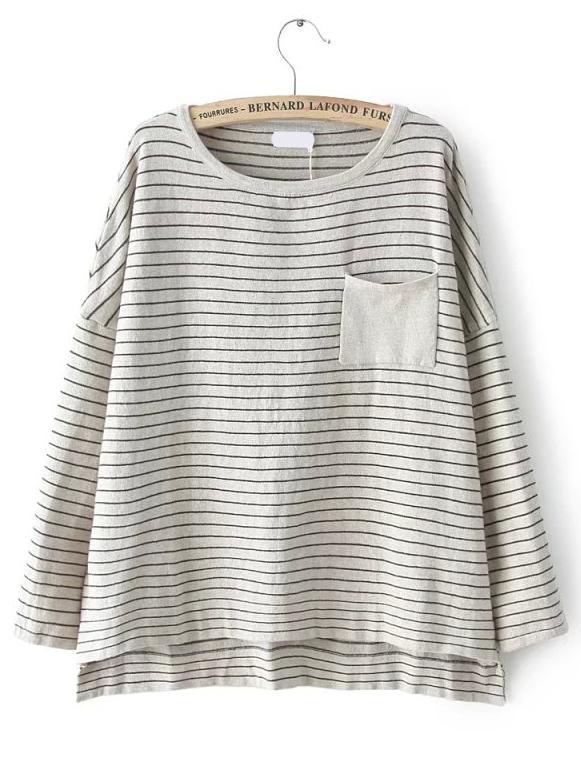 Romwe Dip Hem Striped Dropped Shoulder Seam T-shirt