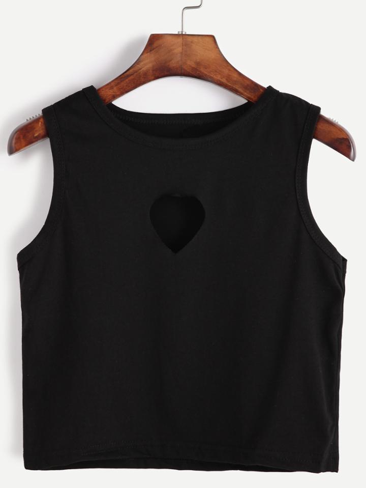 Romwe Black Heart Hollow Out Crop Tank Top