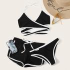 Romwe Contrast Piping Wrap Halter Bikini Set With Shorts 3pack