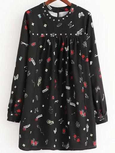 Romwe Black Printed Studded Detail Shift Dress