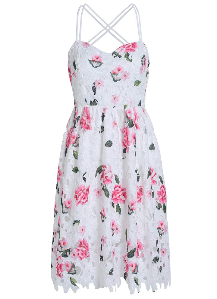 Romwe Spaghetti Strap Florals Lace Pleated Dress