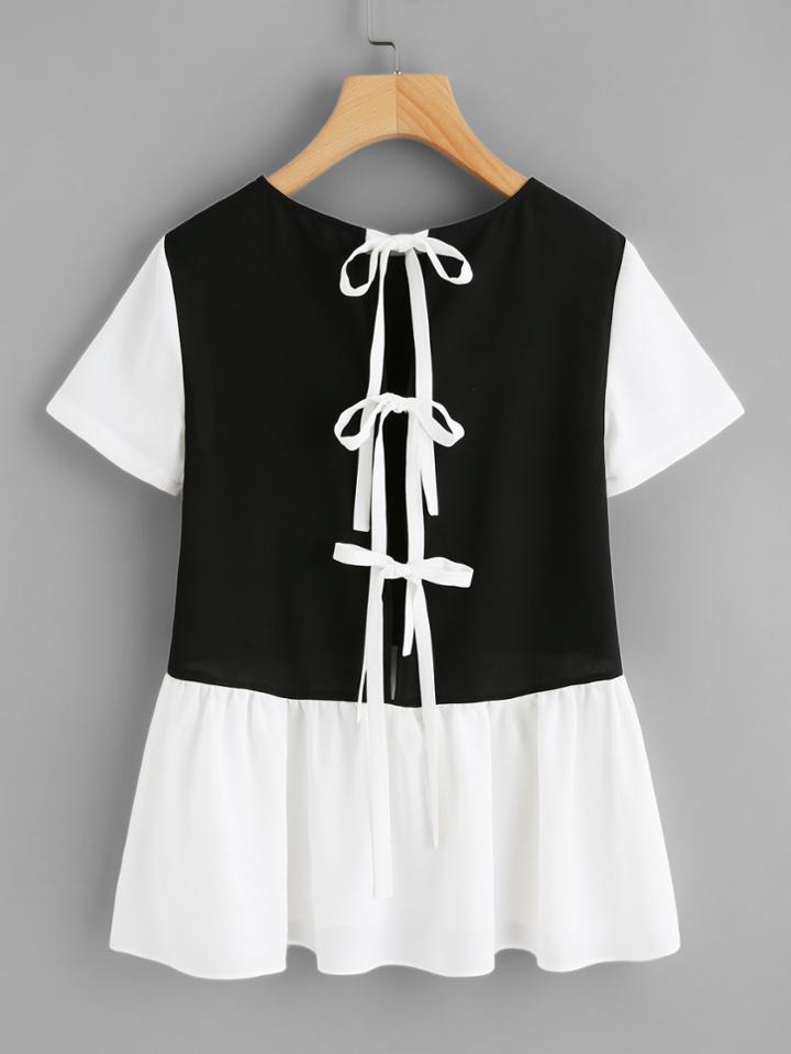 Romwe Tied Split Back Two Tone Top