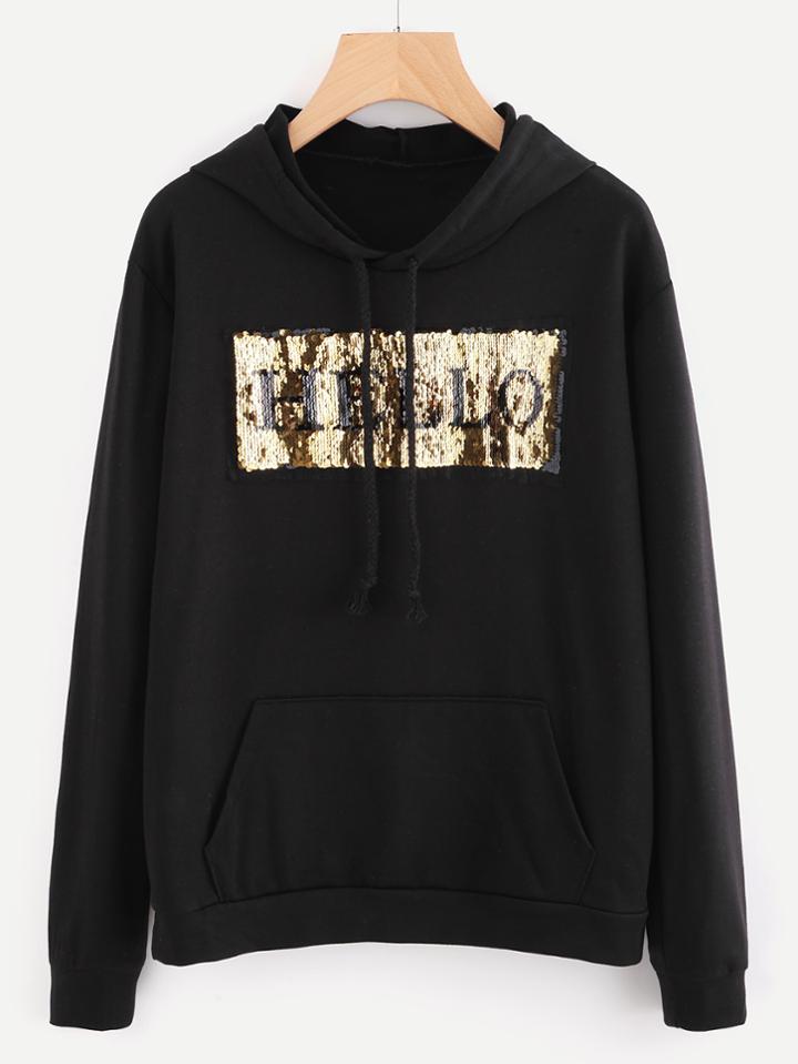 Romwe Sequin Front Kangaroo Pocket Hoodie