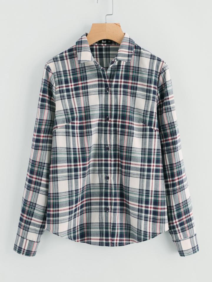 Romwe Curved Hem Button Up Checker Shirt