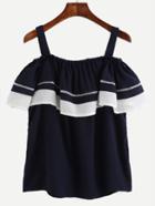 Romwe Navy Contrast Trim Ruffle Cold Shoulder Top
