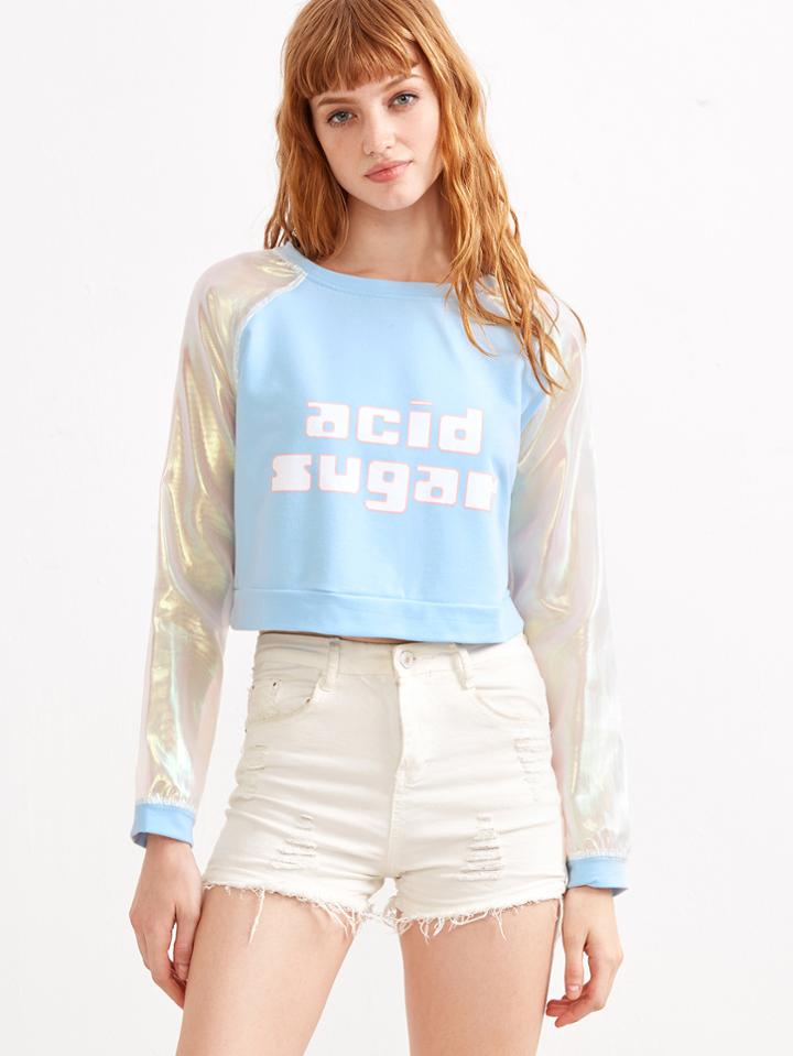 Romwe Blue Contrast Raglan Sleeve Letter Print Crop Sweatshirt
