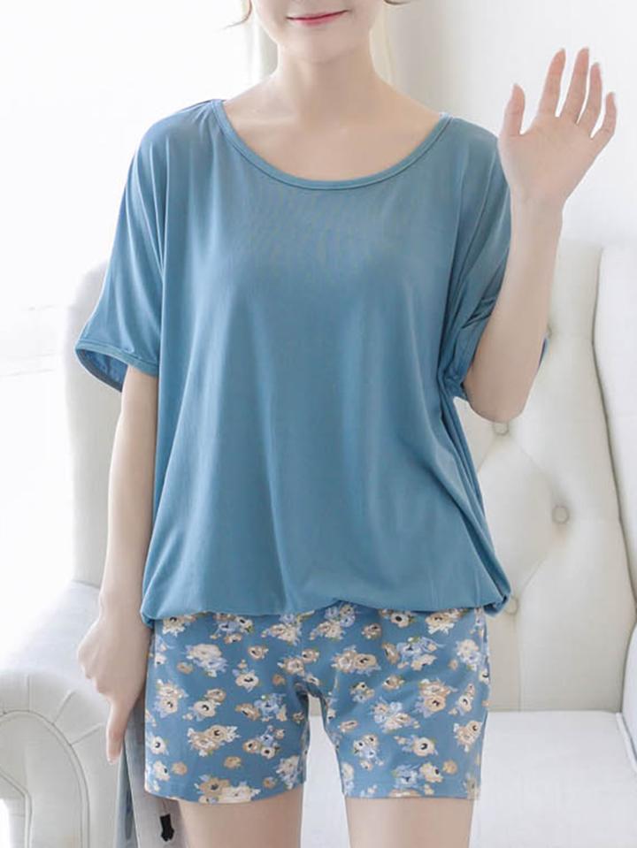 Romwe Solid Tee & Calico Print Shorts Pj Set