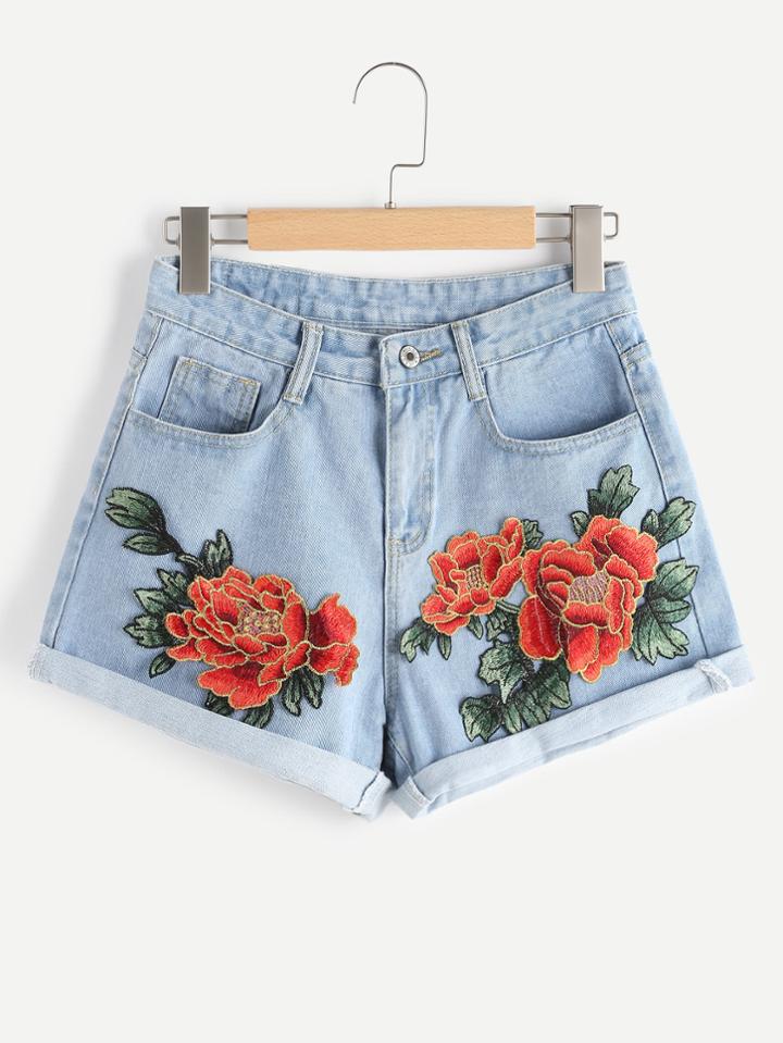 Romwe Rose Applique Cuffed Denim Shorts