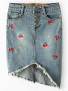 Romwe Cherry Embroidered Frayed Denim Asymmetrical Skirt