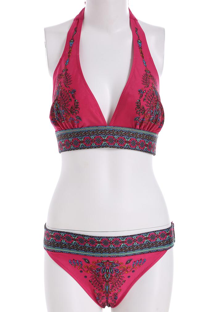 Romwe Halter Tribal Print Top With Bikini Swimwear