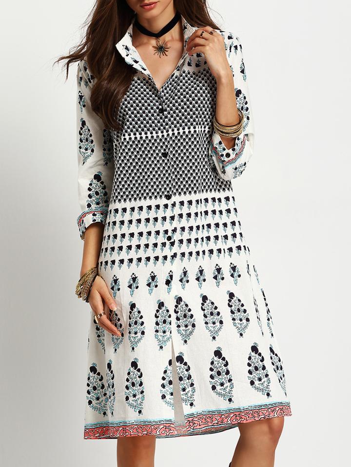Romwe Stand Collar Print Shirt Dress