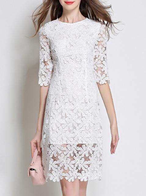 Romwe White Crochet Hollow Out Sheer Sheath Dress