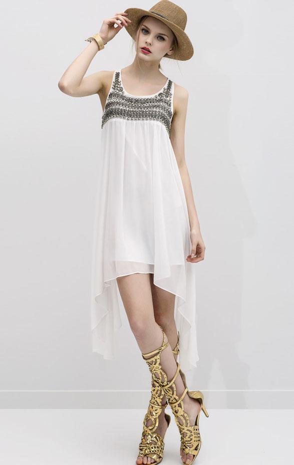Romwe With Bead Chiffon White Sundress