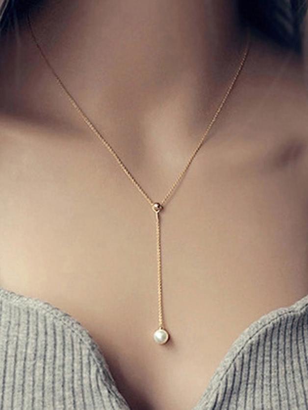 Romwe Gold Simulated-pearl Pendant Necklace