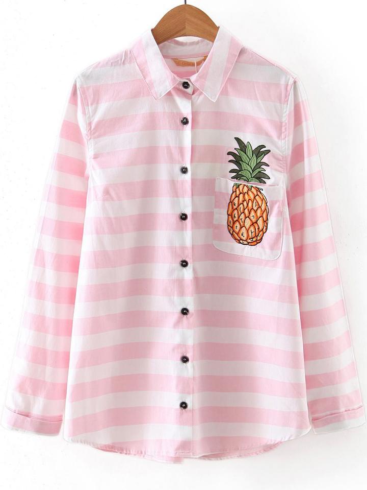 Romwe Pink Striped Pineapple Embroidery Pocket Blouse