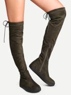 Romwe Army Green Round Toe Tie Back Over The Knee Boots