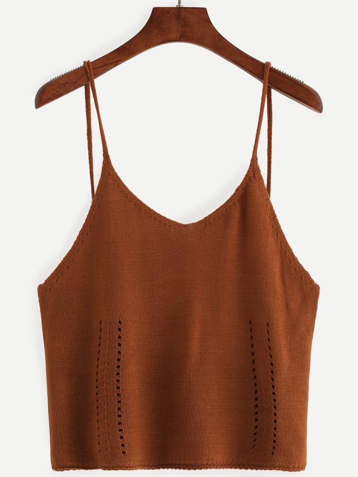Romwe Coffee Hollow Out Knit Cami Top