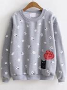 Romwe Grey Cartoon Print Sweatshirt With Embroidery Patch