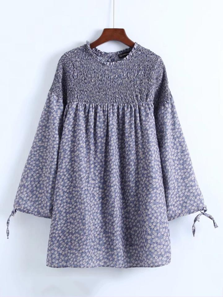 Romwe Calico Print Shirred Smock Dress