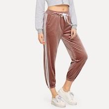 Romwe Drawstring Waist Tape Panel Velvet Pants