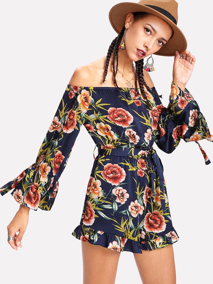Romwe Tied Cuff Ruffle Hem Floral Bardot Romper