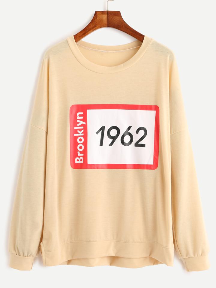 Romwe Apricot Number Print Drop Shoulder Slit Side T-shirt
