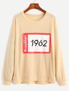 Romwe Apricot Number Print Drop Shoulder Slit Side T-shirt