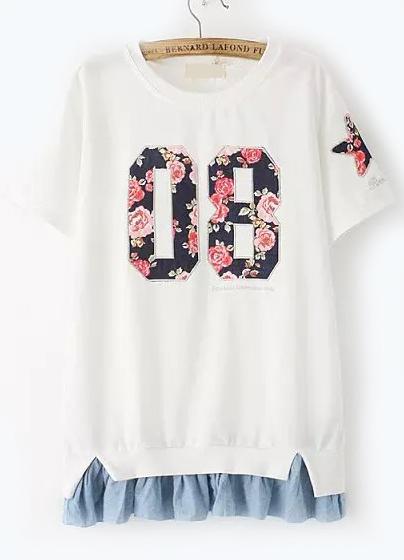 Romwe Contrast Denim Hem Number Print White T-shirt