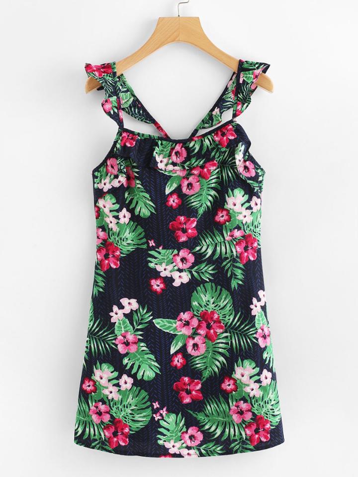Romwe Botanical Print Criss Cross Back Dress