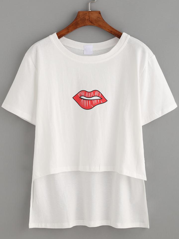 Romwe White Lips Print Dip Hem T-shirt