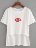 Romwe White Lips Print Dip Hem T-shirt