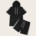 Romwe Guys Striped Tape Side Hooded Top And Shorts Set