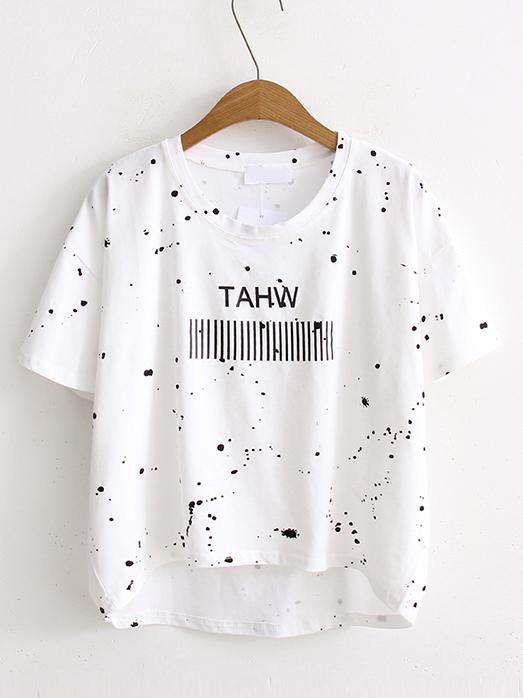 Romwe White Ink Drop Print High Low T-shirt