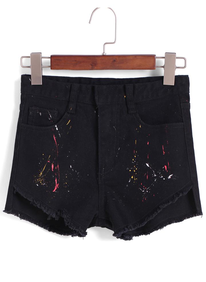 Romwe Fringe Speckled Print Denim Black Shorts
