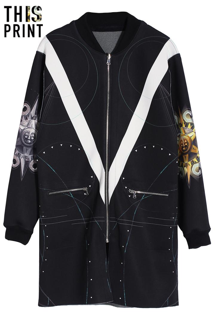 Romwe Romwe Sun Tattoo Big V Reversible Coat