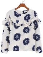Romwe Chrysanthemum Print Ruffle Blue Top