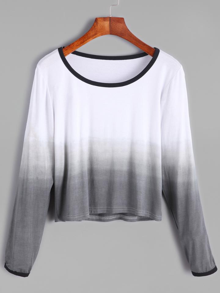 Romwe Ombre Contrast Trim Crop T-shirt