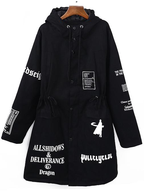 Romwe Hooded Drawstring Letter Print Boyfrined Coat