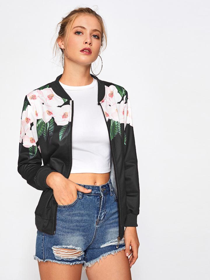 Romwe Ribbed Trim Floral Jacket