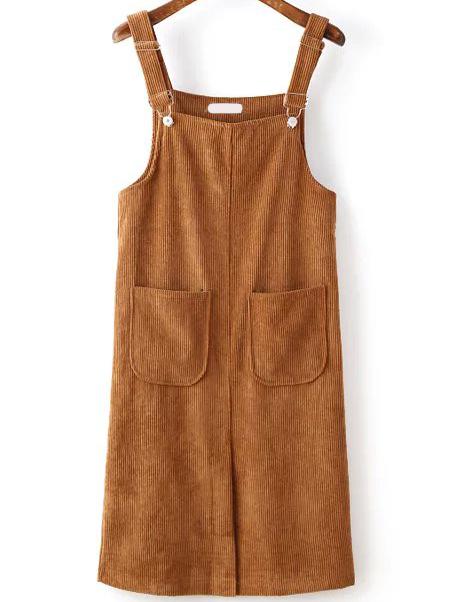 Romwe Ribbed Split Corduroy Khaki Pinafore Dress