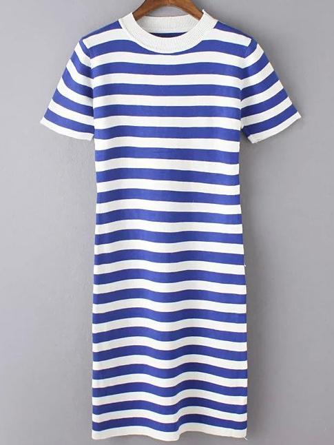 Romwe Short Sleeve Striped Blue Dress